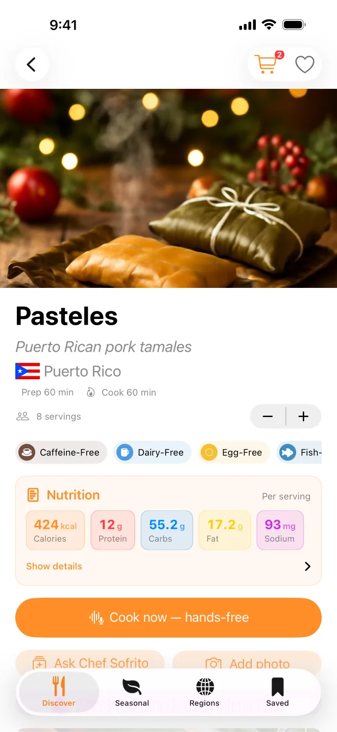 The pasteles recipe from Puerto Rico, with the plain description “Puerto Rican pork tamales” under its name.