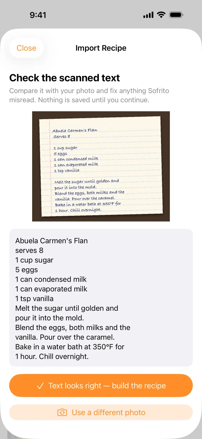 The import review screen: a photographed handwritten flan recipe card beside the text Sofrito read from it.