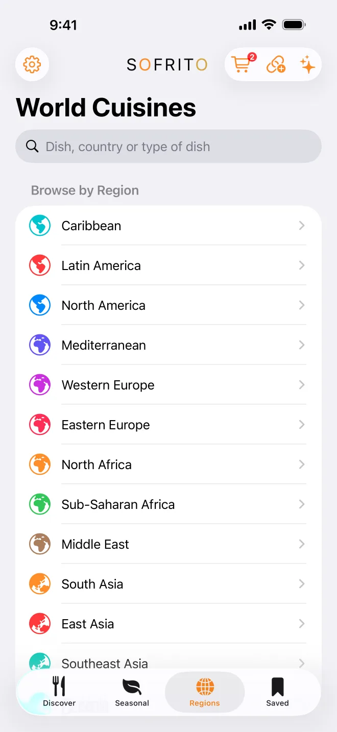 The Regions tab: the world's culinary regions, each with how many recipes it has.