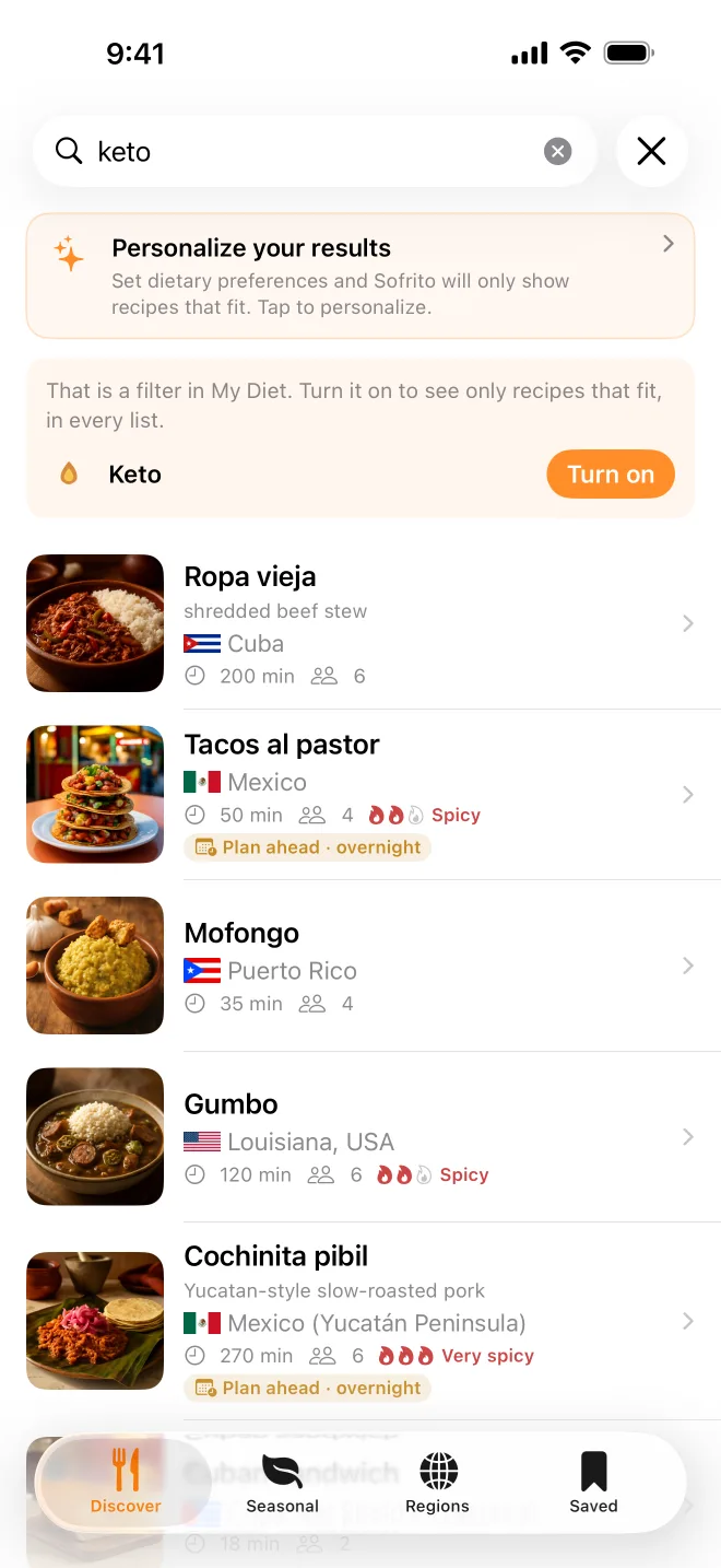 Typing “keto” in the search: Sofrito offers to turn on the keto filter.