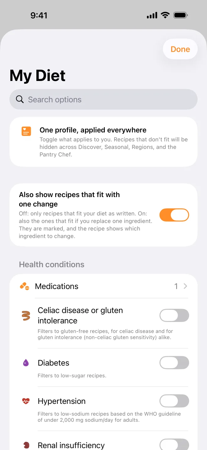 The My Diet screen: every filter with a plain explanation of what it hides.