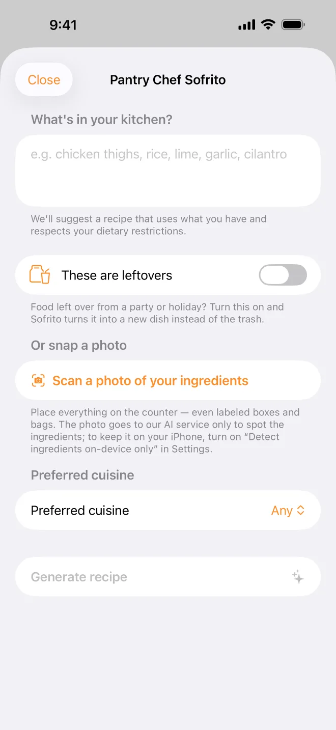 Pantry Chef: take or pick a photo of what you have, choose a cuisine, and mark it as leftovers if it is.