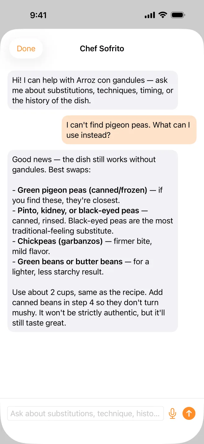 Chef Sofrito answering what to use instead of pigeon peas in arroz con gandules.